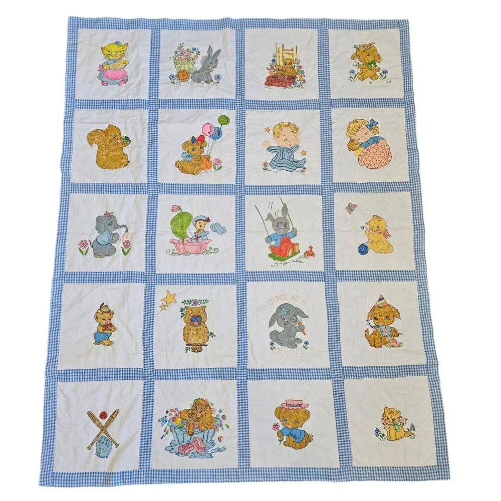 Vintage 70s Baby Quilt Kitschy Handpainted Animals Patchwork Blue‎ 41 X 51 Blue